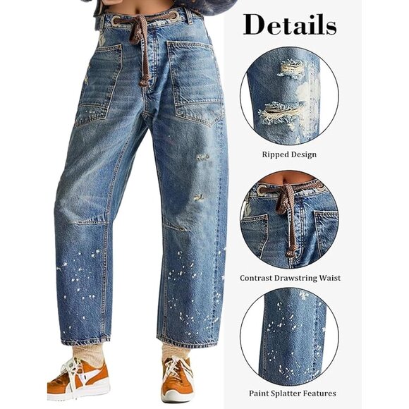 Women Baggy Barrel Jeans Cotton-Polyester Vintage Wide Leg Drawstring - Picture 4 of 6